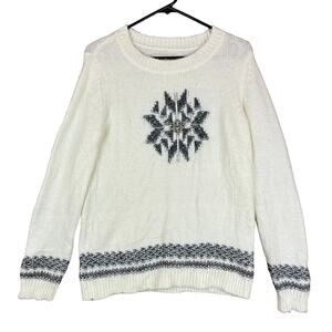 LOFT Womens Sweater Cream Gray Fair Isle Snowflake Crew Neck Wool Blend Medium